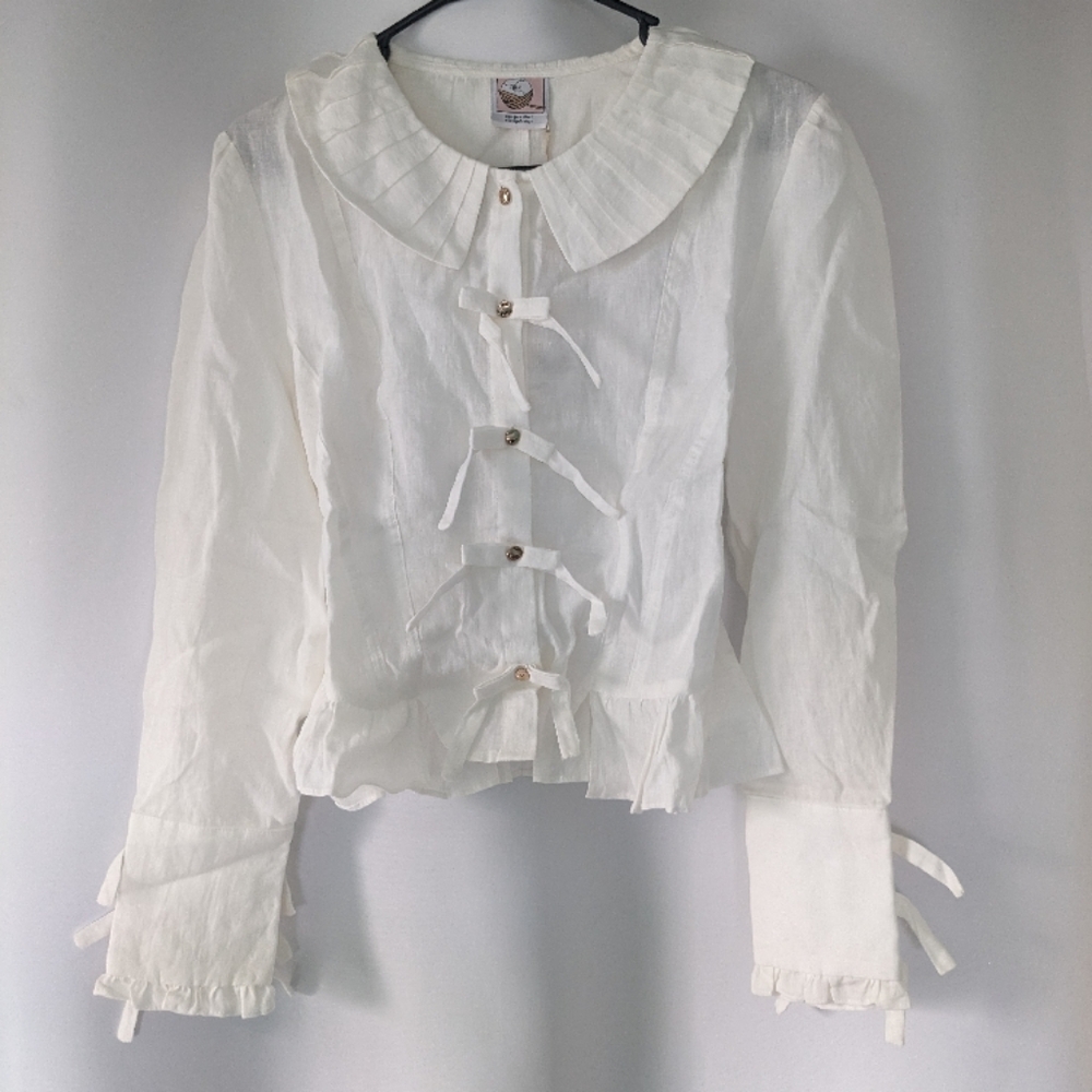 White Linen Peter Pan Collar Blouse with Ruffled Cuffed Sleeves